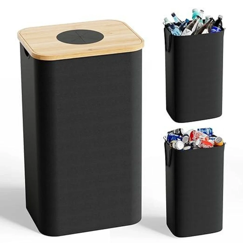 Bamboo Top‎ Recycling Bin Black Collapsible Waste Basket Home Office Camping